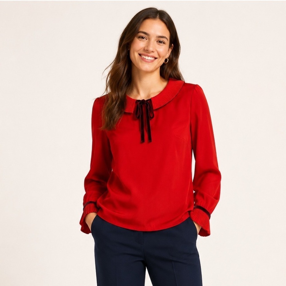 Boden Red Pleated Peter Pan Collar Blouse Velvet Tie Long Sleeve Top US 8